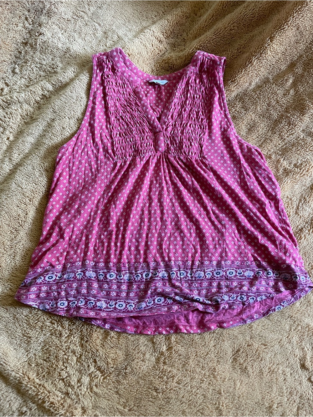 Lucky Brand Dusty Fuchsia Smocked V-Neck Tank with Border Print